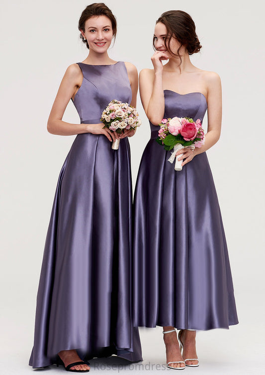 Sleeveless Bateau Ankle-Length Satin A-line/Princess Bridesmaid Dresses With Pleated Fiona SRSP0025409