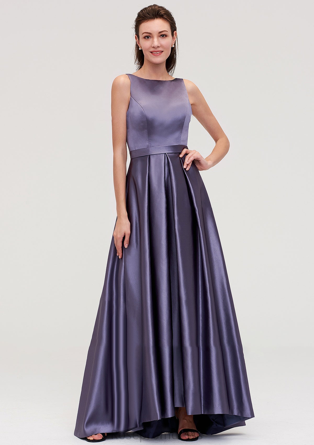 Sleeveless Bateau Ankle-Length Satin A-line/Princess Bridesmaid Dresses With Pleated Fiona SRSP0025409