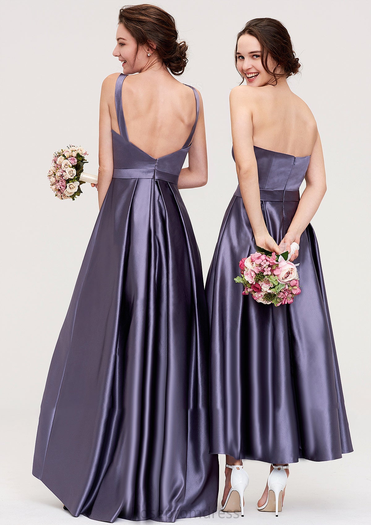 Sleeveless Bateau Ankle-Length Satin A-line/Princess Bridesmaid Dresses With Pleated Fiona SRSP0025409