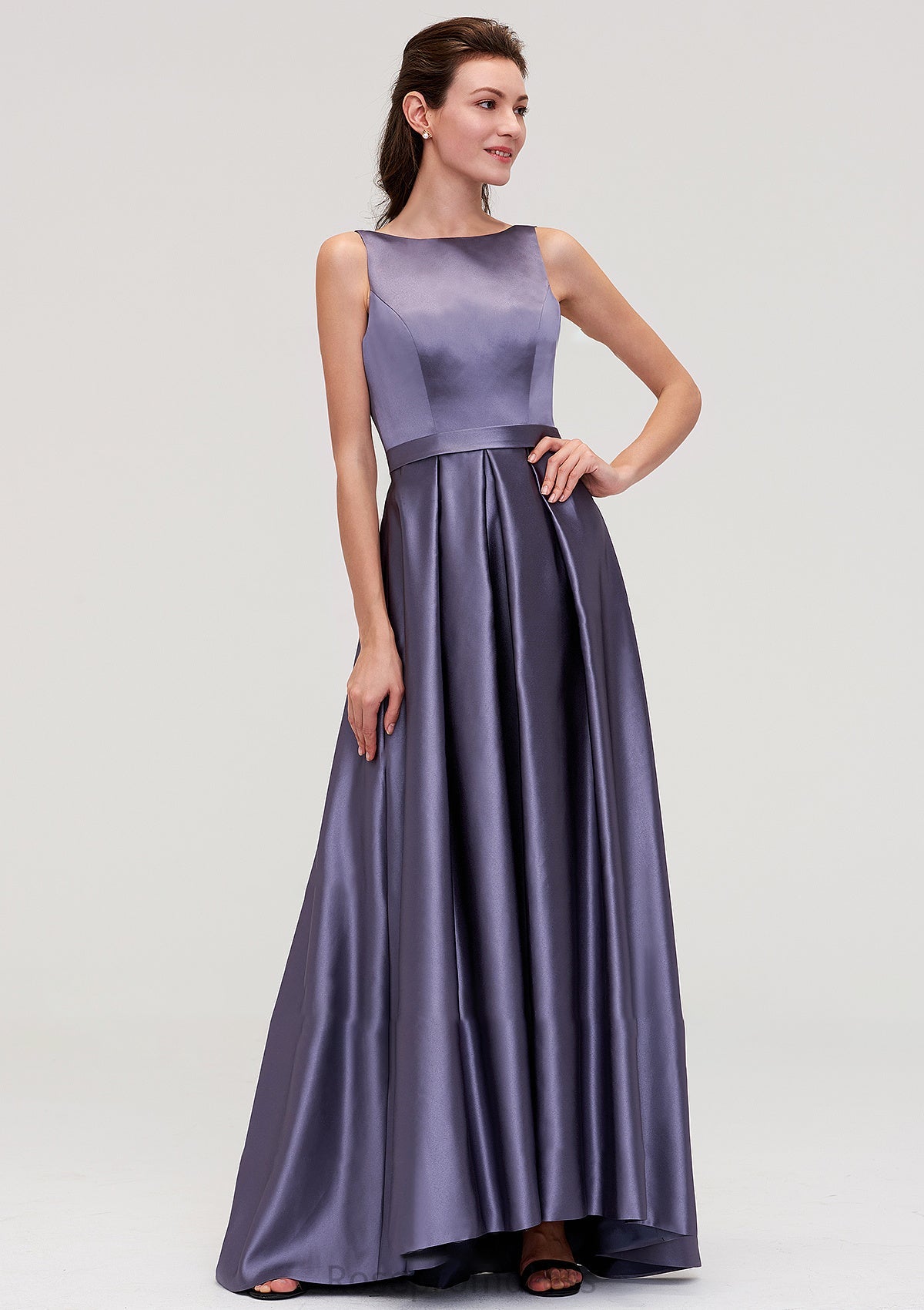 Sleeveless Bateau Ankle-Length Satin A-line/Princess Bridesmaid Dresses With Pleated Fiona SRSP0025409