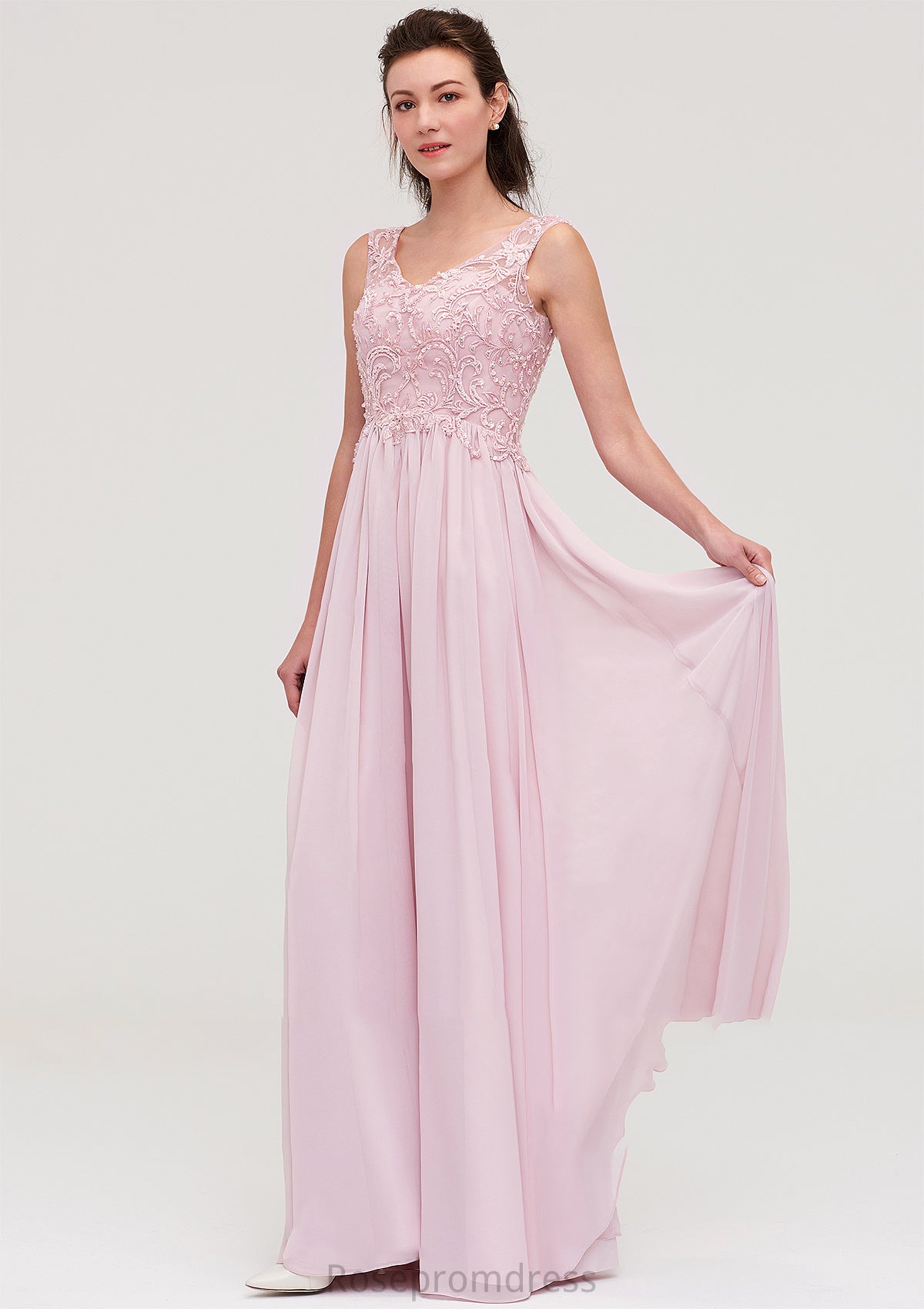 Sleeveless V Neck A-line/Princess Chiffon Long/Floor-Length Bridesmaid Dresseses With Beading Appliqued Sherry SRSP0025410