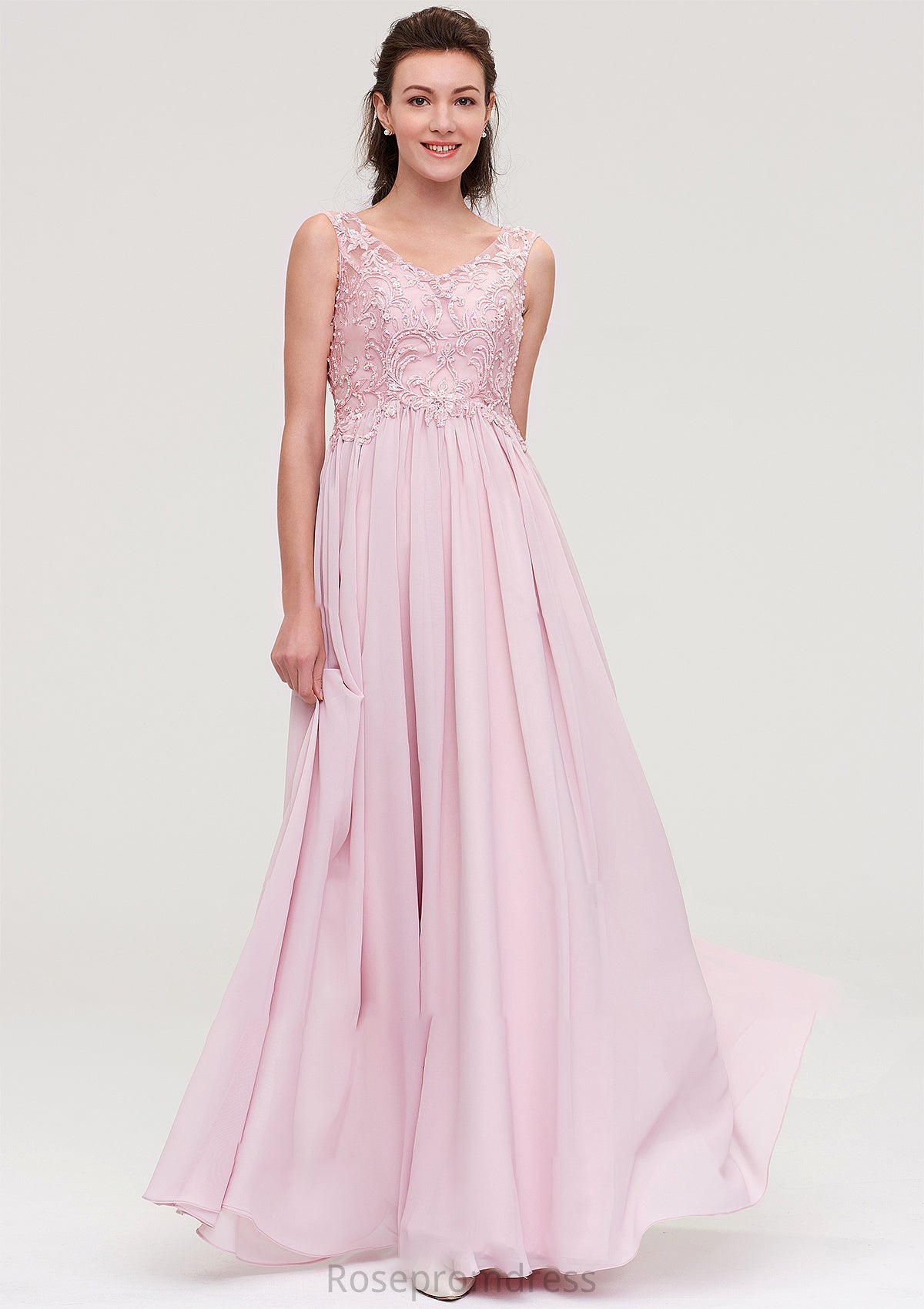 Sleeveless V Neck A-line/Princess Chiffon Long/Floor-Length Bridesmaid Dresseses With Beading Appliqued Sherry SRSP0025410