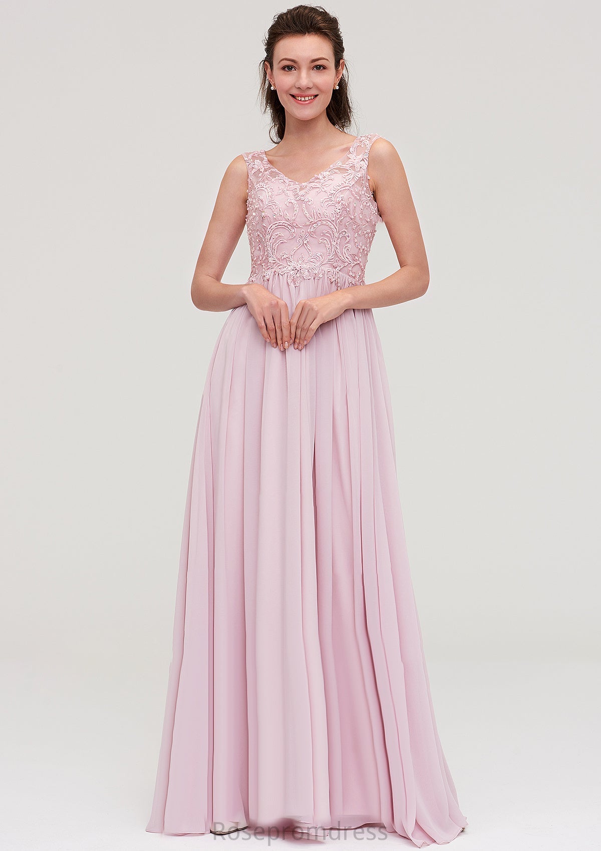 Sleeveless V Neck A-line/Princess Chiffon Long/Floor-Length Bridesmaid Dresseses With Beading Appliqued Sherry SRSP0025410