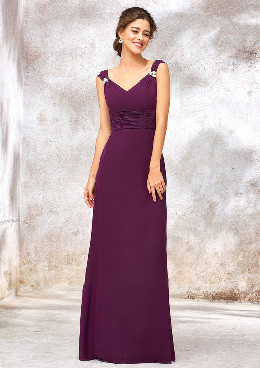 V Neck Sleeveless Long/Floor-Length Sheath/Column Chiffon Bridesmaid Dresses With Sashes Pleated Beading Kaley SRSP0025412