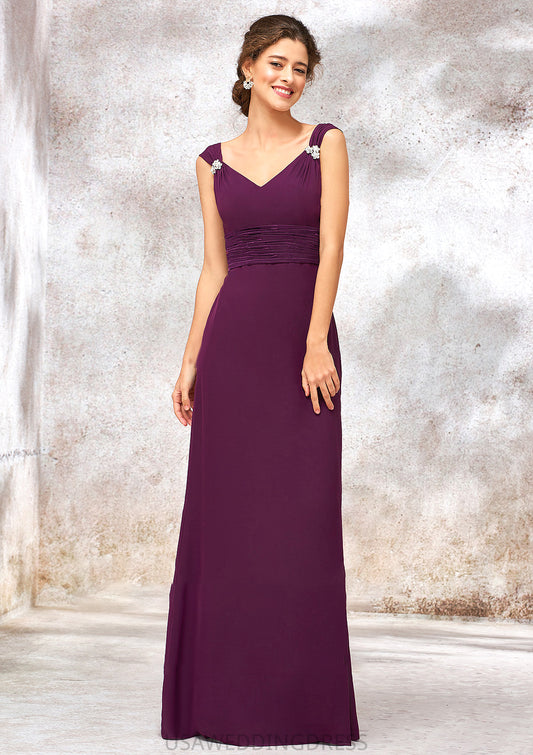 V Neck Sleeveless Long/Floor-Length Sheath/Column Chiffon Bridesmaid Dresses With Sashes Pleated Beading Gwen DSP0025412