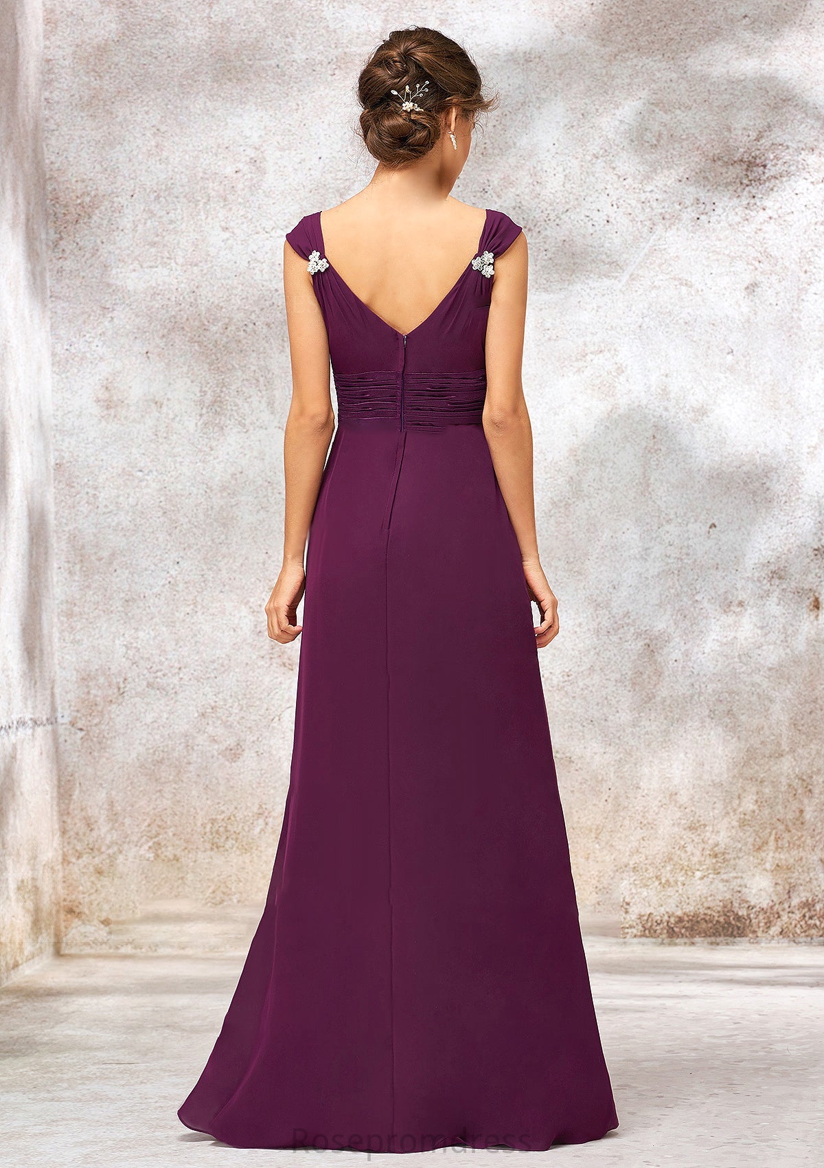 V Neck Sleeveless Long/Floor-Length Sheath/Column Chiffon Bridesmaid Dresses With Sashes Pleated Beading Kaley SRSP0025412