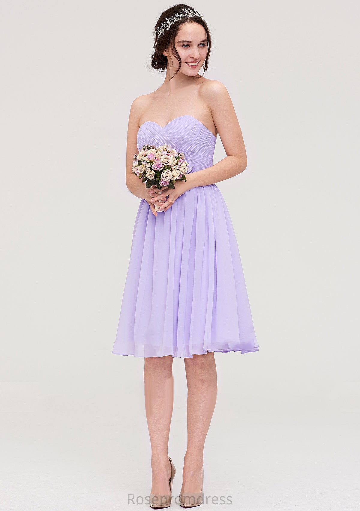 Sleeveless Sweetheart Chiffon Knee-Length A-line/Princess Bridesmaid Dresses With Pleated Flowers Skyla SRSP0025413