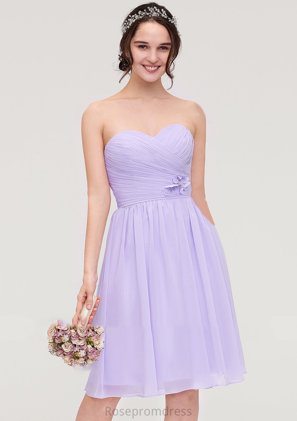 Sleeveless Sweetheart Chiffon Knee-Length A-line/Princess Bridesmaid Dresses With Pleated Flowers Skyla SRSP0025413