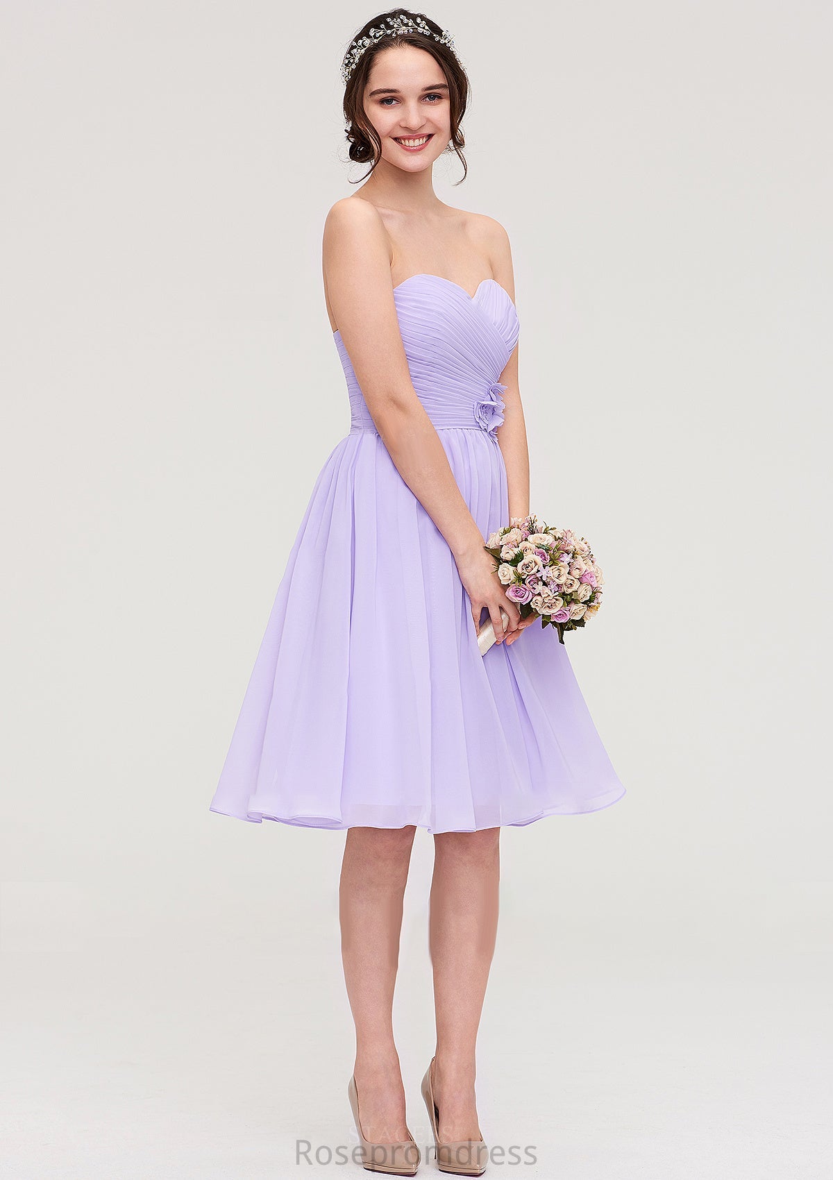 Sleeveless Sweetheart Chiffon Knee-Length A-line/Princess Bridesmaid Dresses With Pleated Flowers Skyla SRSP0025413