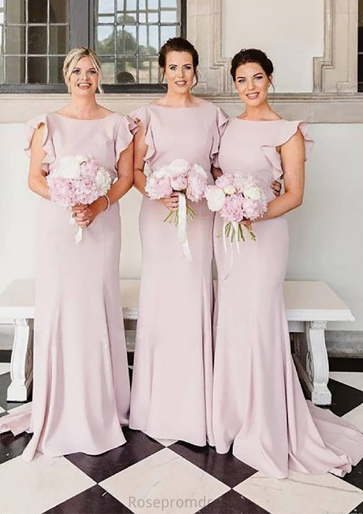 Sheath/Column Scoop Neck Sleeveless Sweep Train Elastic Satin Bridesmaid Dresses With Ruffles Danielle SRSP0025415