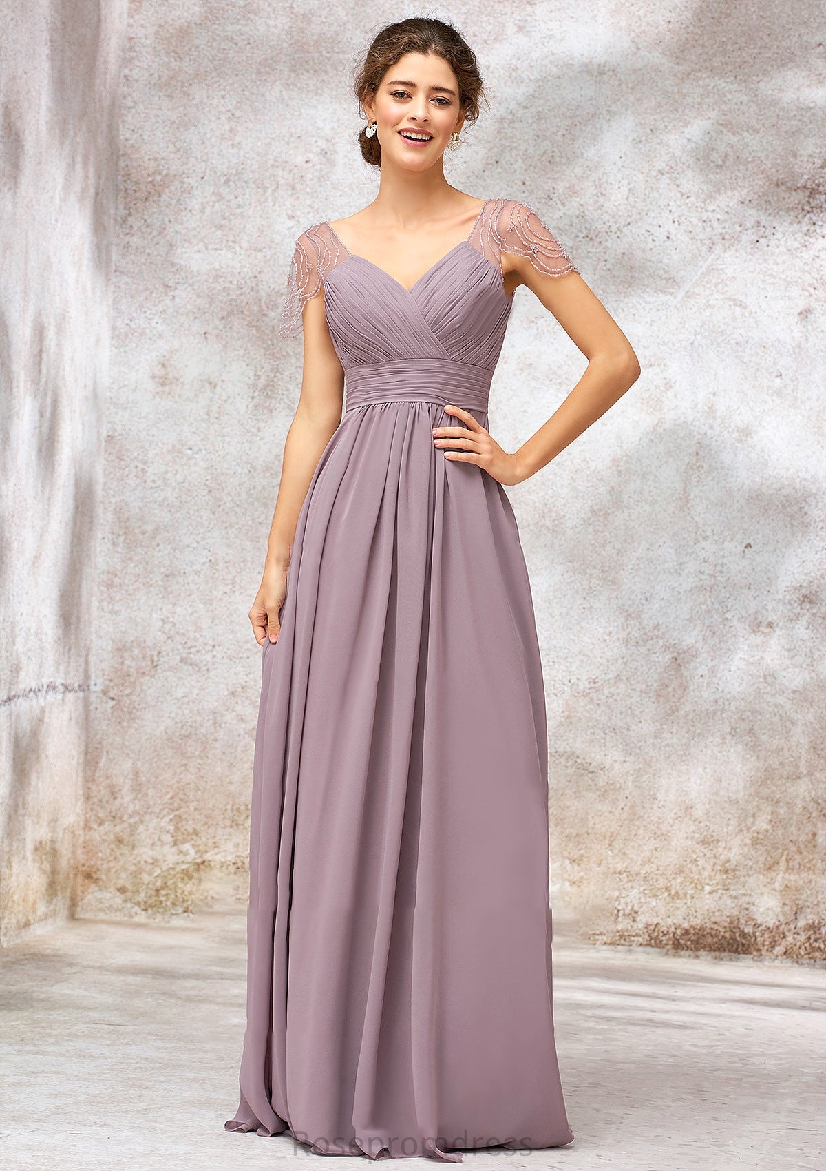 V Neck Long/Floor-Length Chiffon A-line/Princess Bridesmaid Dresses With Pleated Beading Brooklynn SRSP0025416