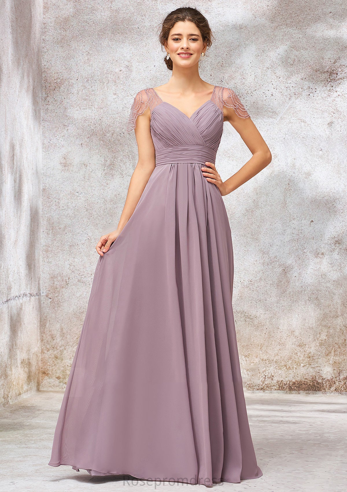 V Neck Long/Floor-Length Chiffon A-line/Princess Bridesmaid Dresses With Pleated Beading Brooklynn SRSP0025416