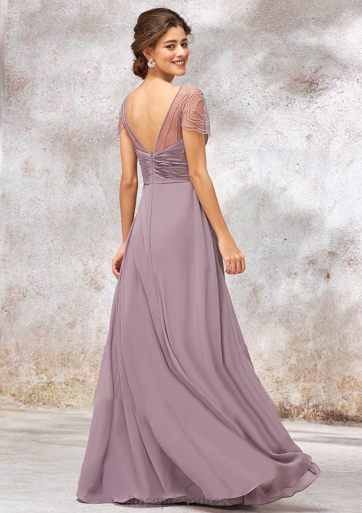 V Neck Long/Floor-Length Chiffon A-line/Princess Bridesmaid Dresses With Pleated Beading Brooklynn SRSP0025416