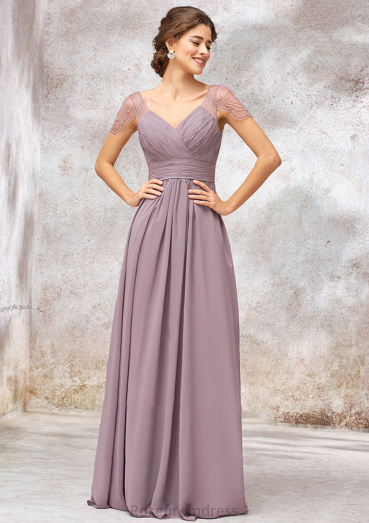 V Neck Long/Floor-Length Chiffon A-line/Princess Bridesmaid Dresses With Pleated Beading Brooklynn SRSP0025416