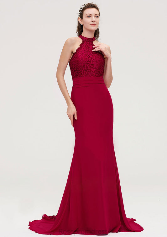 Sleeveless Scoop Neck Court Train Trumpet/Mermaid Chiffon Bridesmaid Dresseses With Lace Rose SRSP0025417