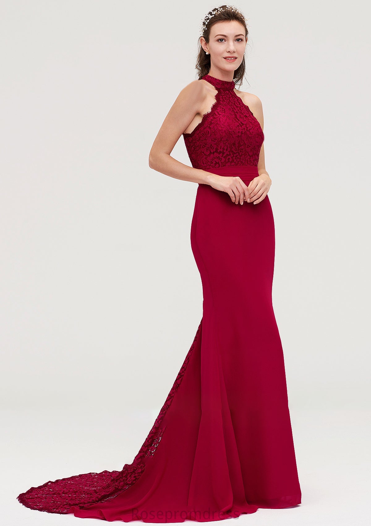 Sleeveless Scoop Neck Court Train Trumpet/Mermaid Chiffon Bridesmaid Dresseses With Lace Rose SRSP0025417