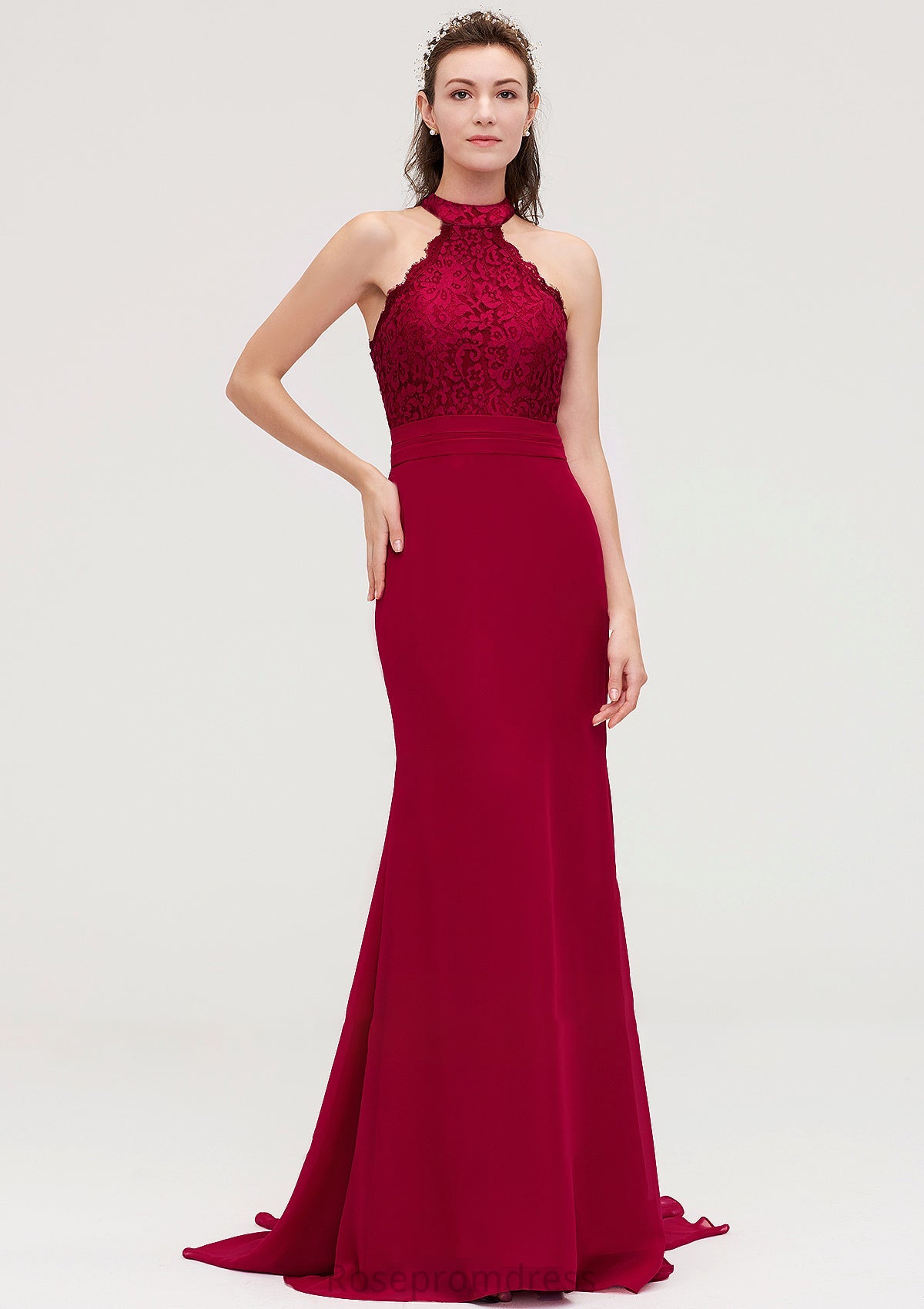 Sleeveless Scoop Neck Court Train Trumpet/Mermaid Chiffon Bridesmaid Dresseses With Lace Rose SRSP0025417