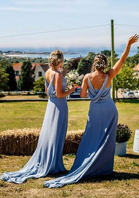 A-line V Neck Sleeveless Court Train Chiffon Bridesmaid Dresses With Pleated Ashley DSP0025419