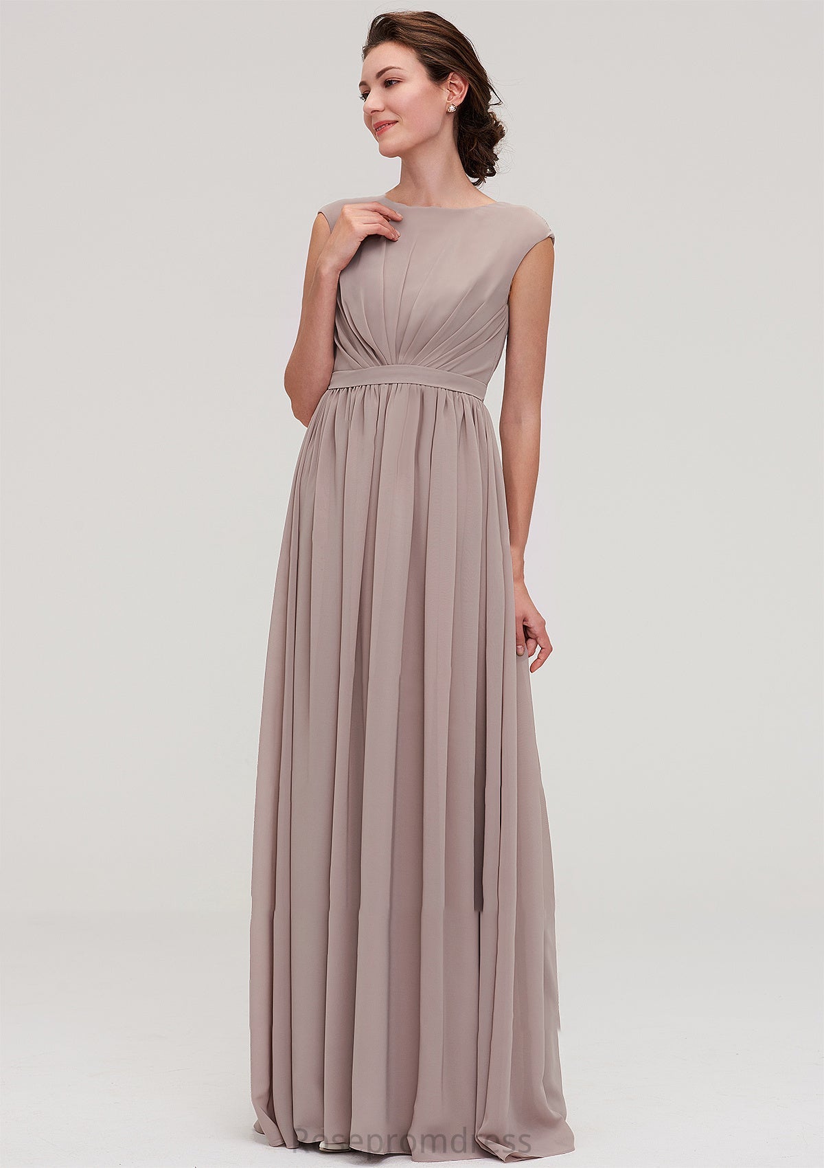 Bateau Sleeveless A-line/Princess Chiffon Long/Floor-Length Bridesmaid Dresses With Pleated Estrella SRSP0025420