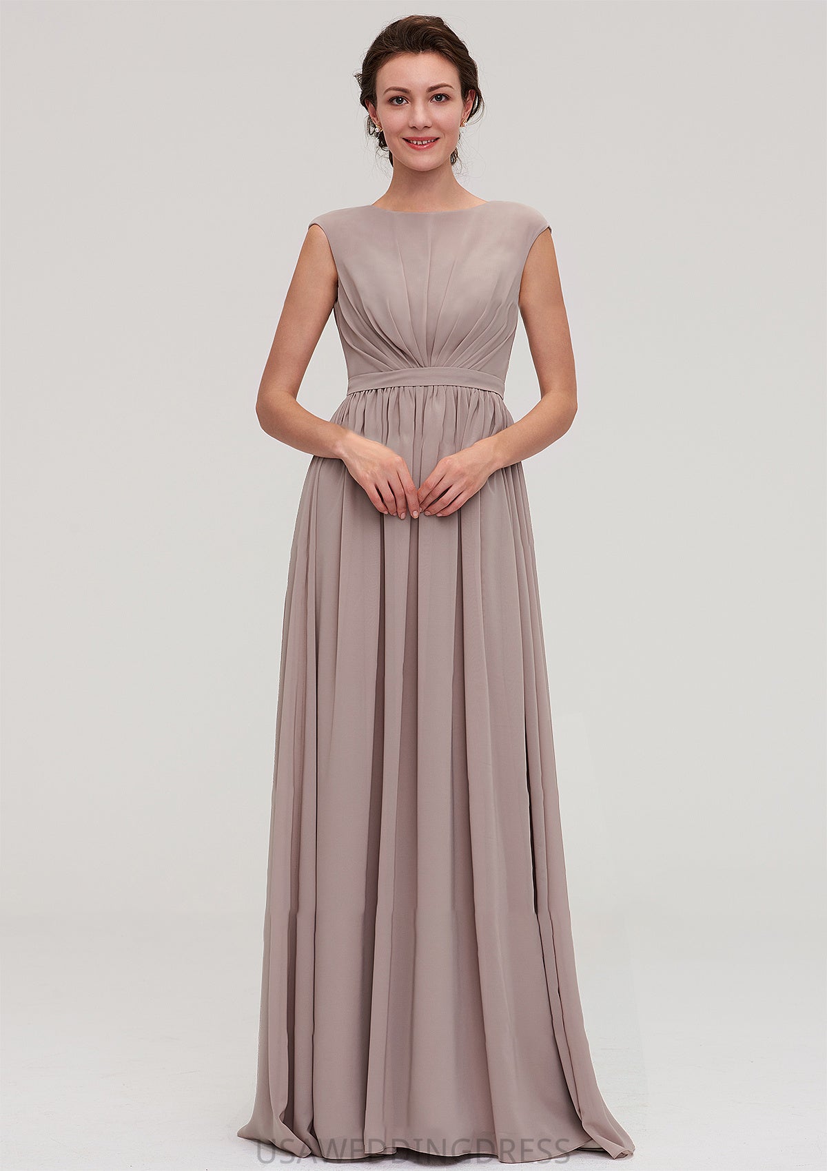 Bateau Sleeveless A-line/Princess Chiffon Long/Floor-Length Bridesmaid Dresses With Pleated Marisol DSP0025420