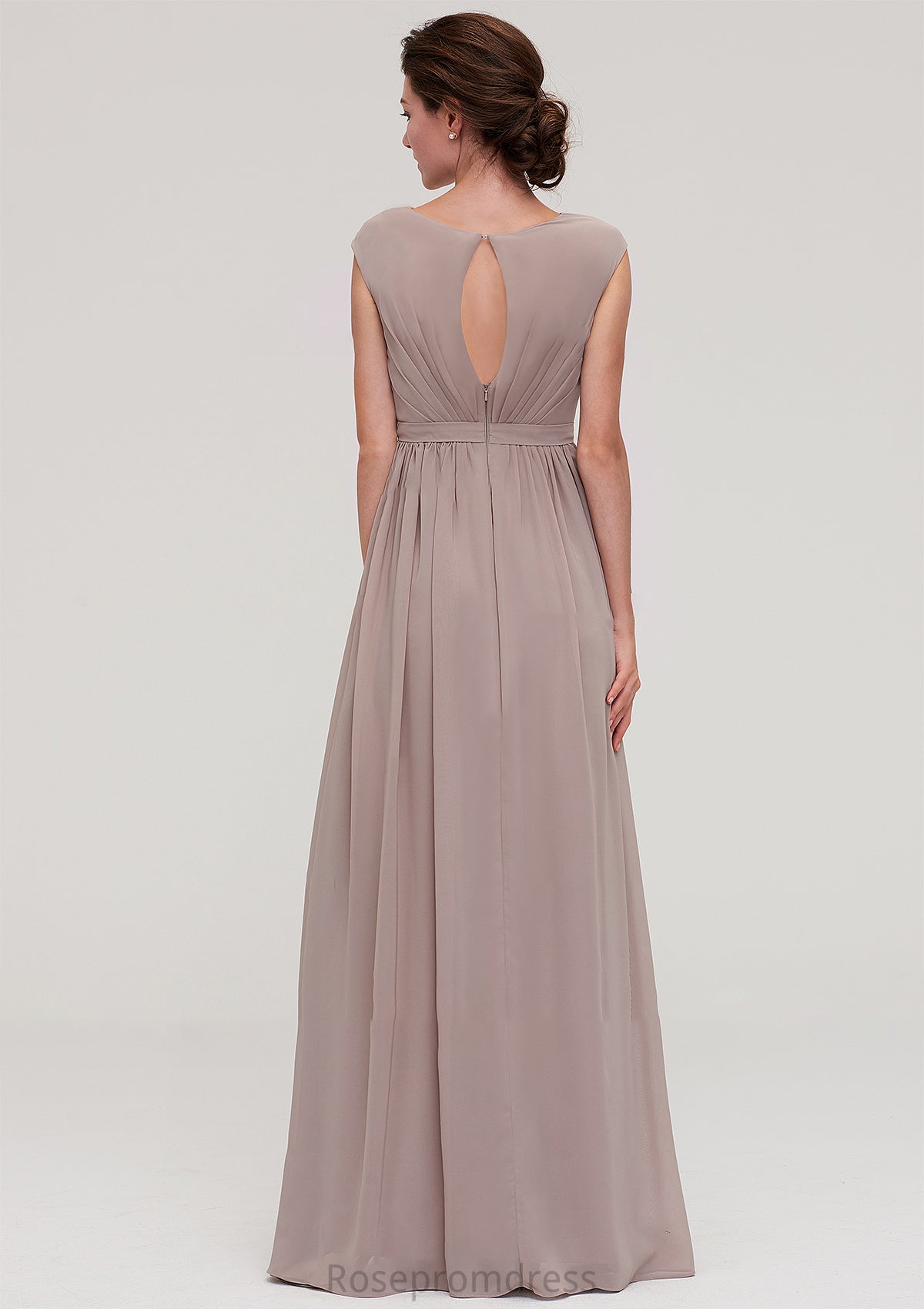 Bateau Sleeveless A-line/Princess Chiffon Long/Floor-Length Bridesmaid Dresses With Pleated Estrella SRSP0025420