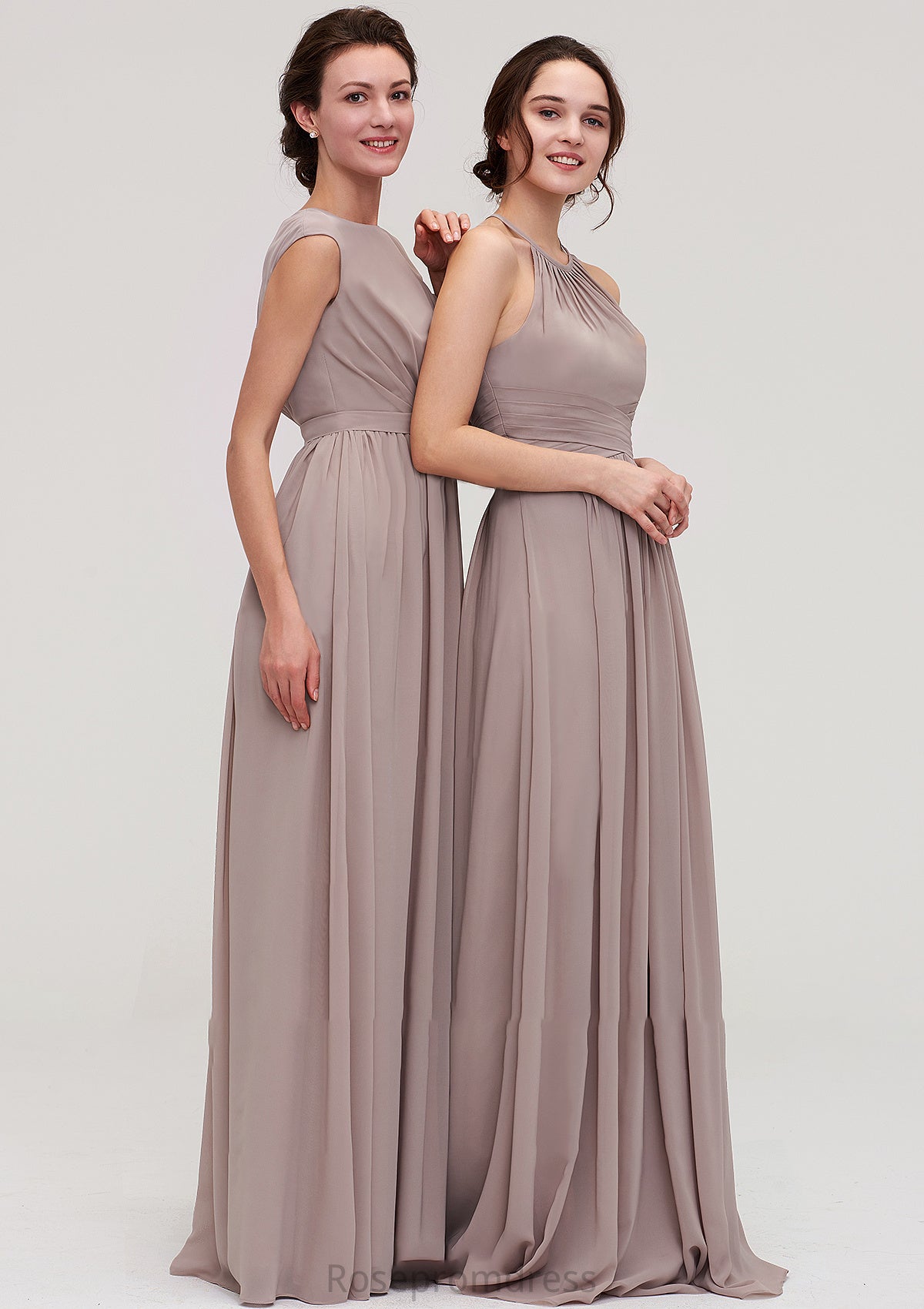 Bateau Sleeveless A-line/Princess Chiffon Long/Floor-Length Bridesmaid Dresses With Pleated Estrella SRSP0025420