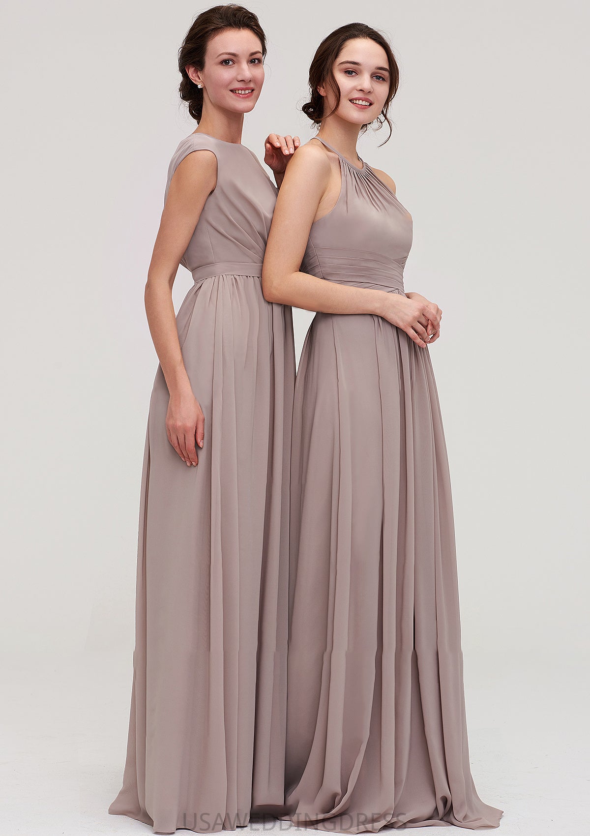 Bateau Sleeveless A-line/Princess Chiffon Long/Floor-Length Bridesmaid Dresses With Pleated Marisol DSP0025420