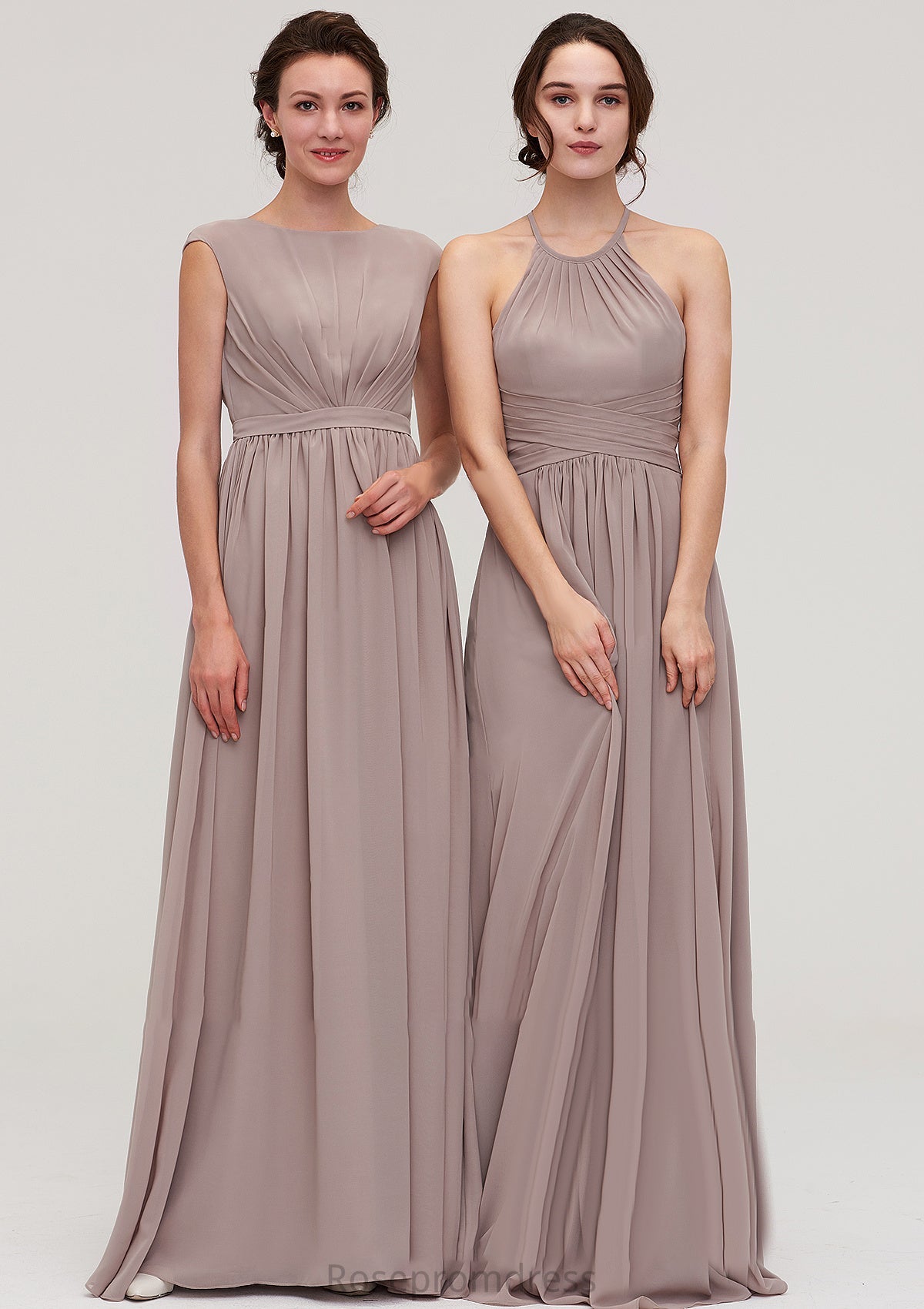 Bateau Sleeveless A-line/Princess Chiffon Long/Floor-Length Bridesmaid Dresses With Pleated Estrella SRSP0025420