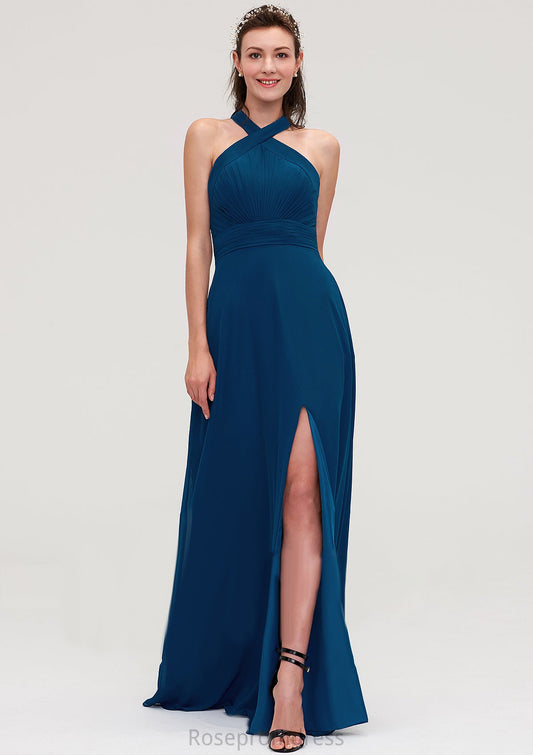 Scalloped Neck Sleeveless A-line/Princess Chiffon Long/Floor-Length Bridesmaid Dresseses With Split Pleated Arianna SRSP0025424