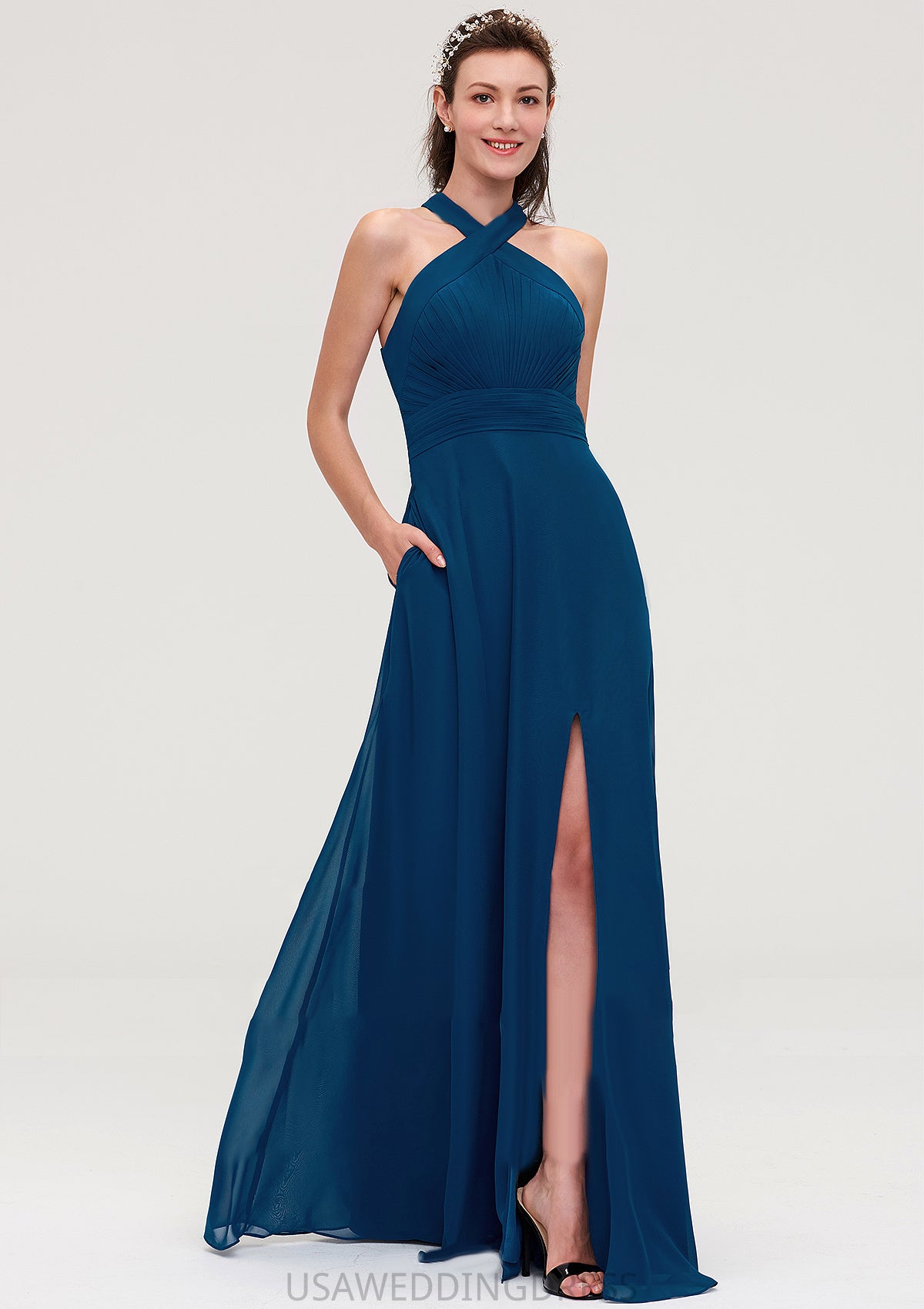 Scalloped Neck Sleeveless A-line/Princess Chiffon Long/Floor-Length Bridesmaid Dresseses With Split Pleated Anika DSP0025424