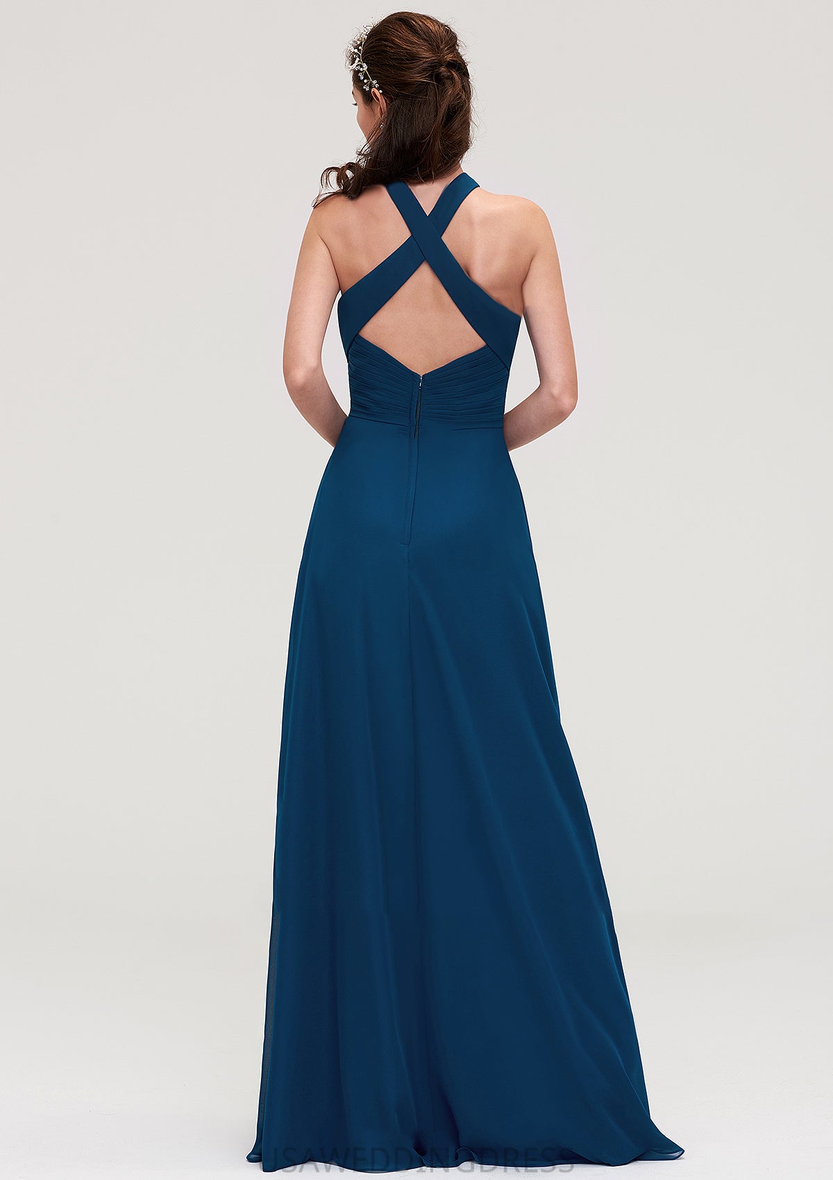 Scalloped Neck Sleeveless A-line/Princess Chiffon Long/Floor-Length Bridesmaid Dresseses With Split Pleated Anika DSP0025424