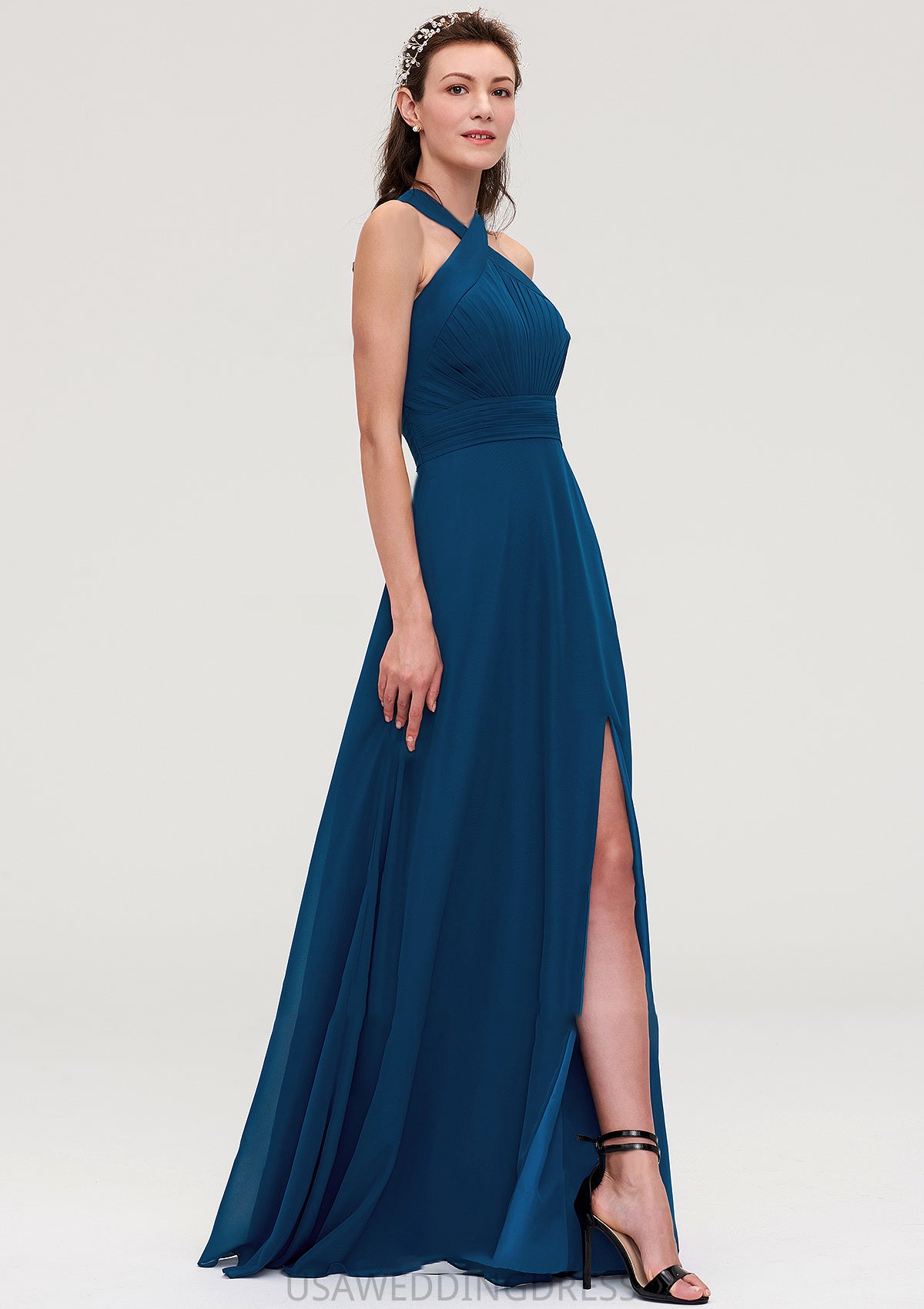 Scalloped Neck Sleeveless A-line/Princess Chiffon Long/Floor-Length Bridesmaid Dresseses With Split Pleated Anika DSP0025424