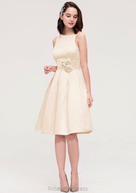 Sleeveless Bateau Knee-Length Satin A-line/Princess Bridesmaid Dresses With Pleated Flowers Diana SRSP0025425