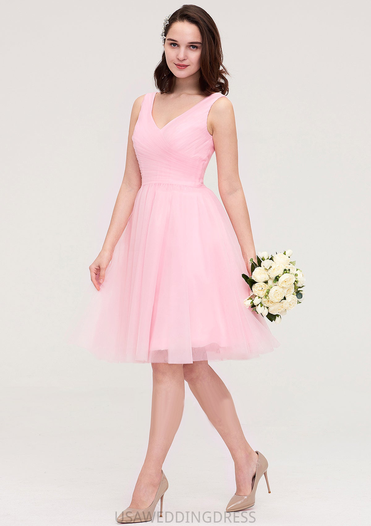 Sleeveless V Neck Knee-Length Tulle A-line/Princess Bridesmaid Dresses With Pleated Kiersten DSP0025426