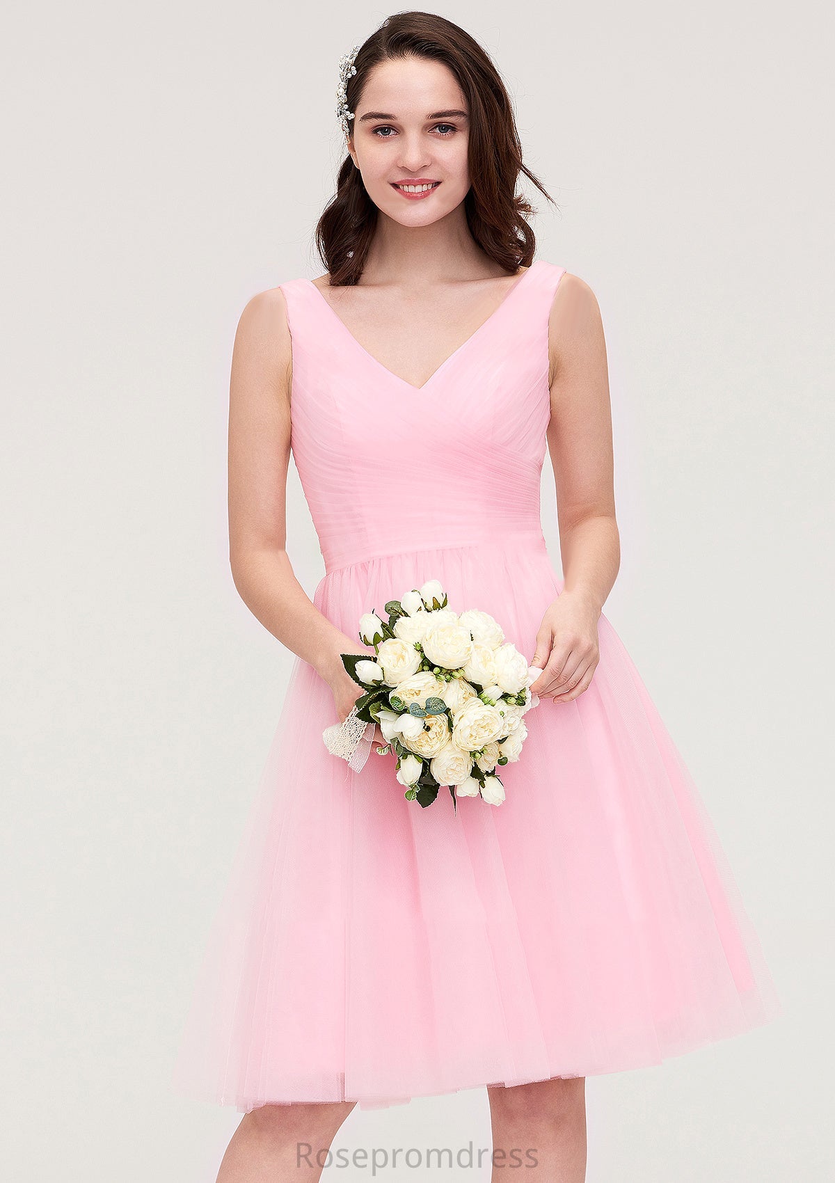 Sleeveless V Neck Knee-Length Tulle A-line/Princess Bridesmaid Dresses With Pleated Chaya SRSP0025426