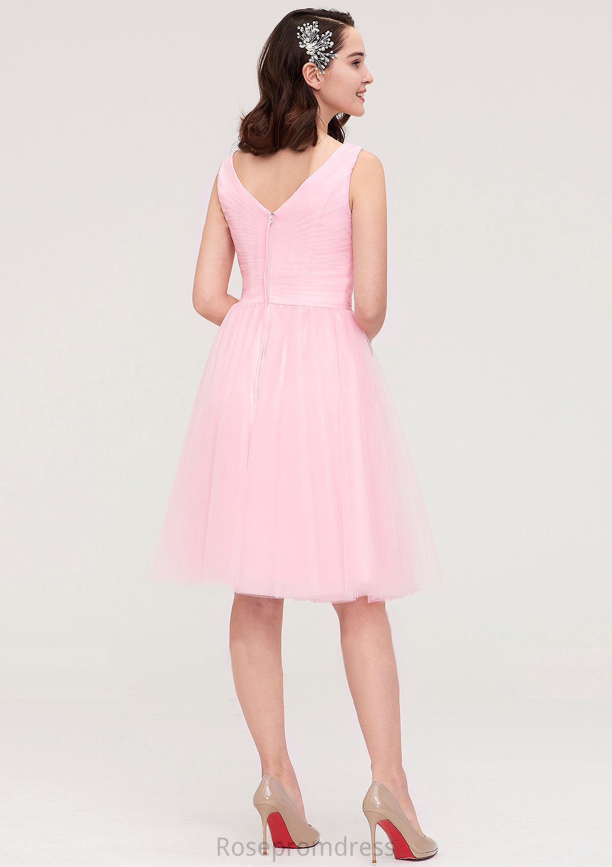 Sleeveless V Neck Knee-Length Tulle A-line/Princess Bridesmaid Dresses With Pleated Chaya SRSP0025426