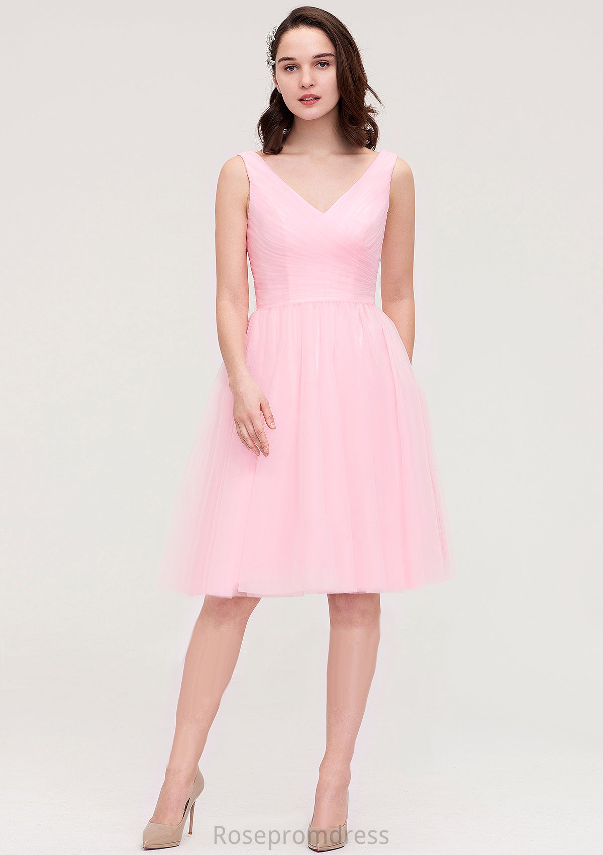 Sleeveless V Neck Knee-Length Tulle A-line/Princess Bridesmaid Dresses With Pleated Chaya SRSP0025426