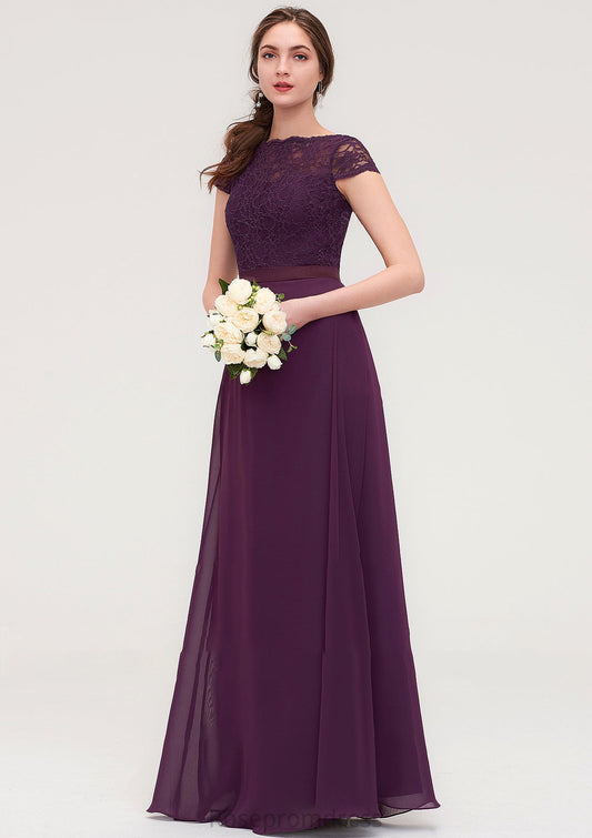 Short Sleeve Bateau Long/Floor-Length  Chiffon A-line/Princess Bridesmaid Dresses With Sashes Lace Gwendolyn SRSP0025428