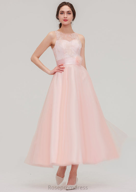 Tea-Length Sleeveless Bateau Tulle A-line/Princess Bridesmaid Dresses With Waistband Lace Daisy SRSP0025429