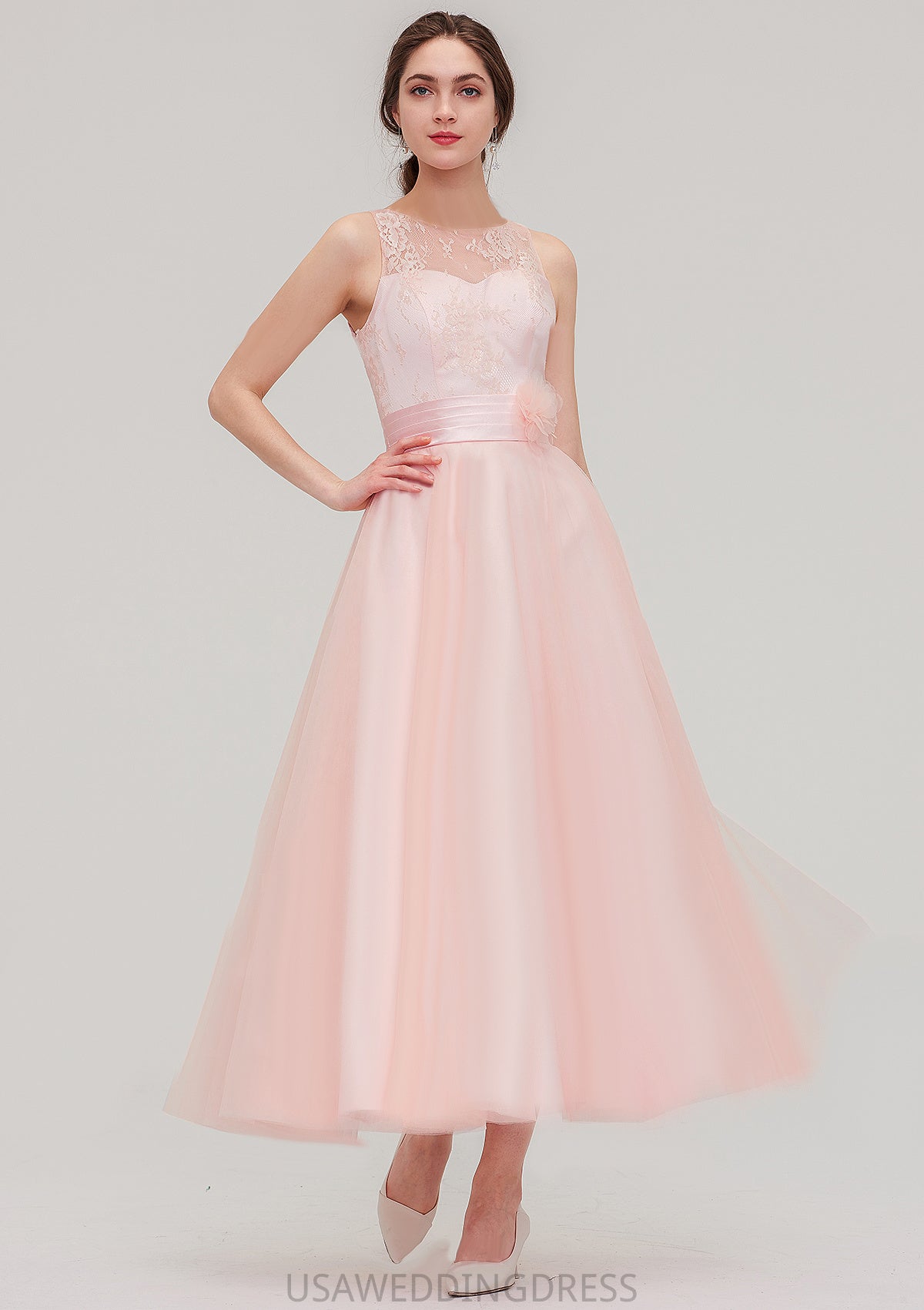 Tea-Length Sleeveless Bateau Tulle A-line/Princess Bridesmaid Dresses With Waistband Lace Kiley DSP0025429