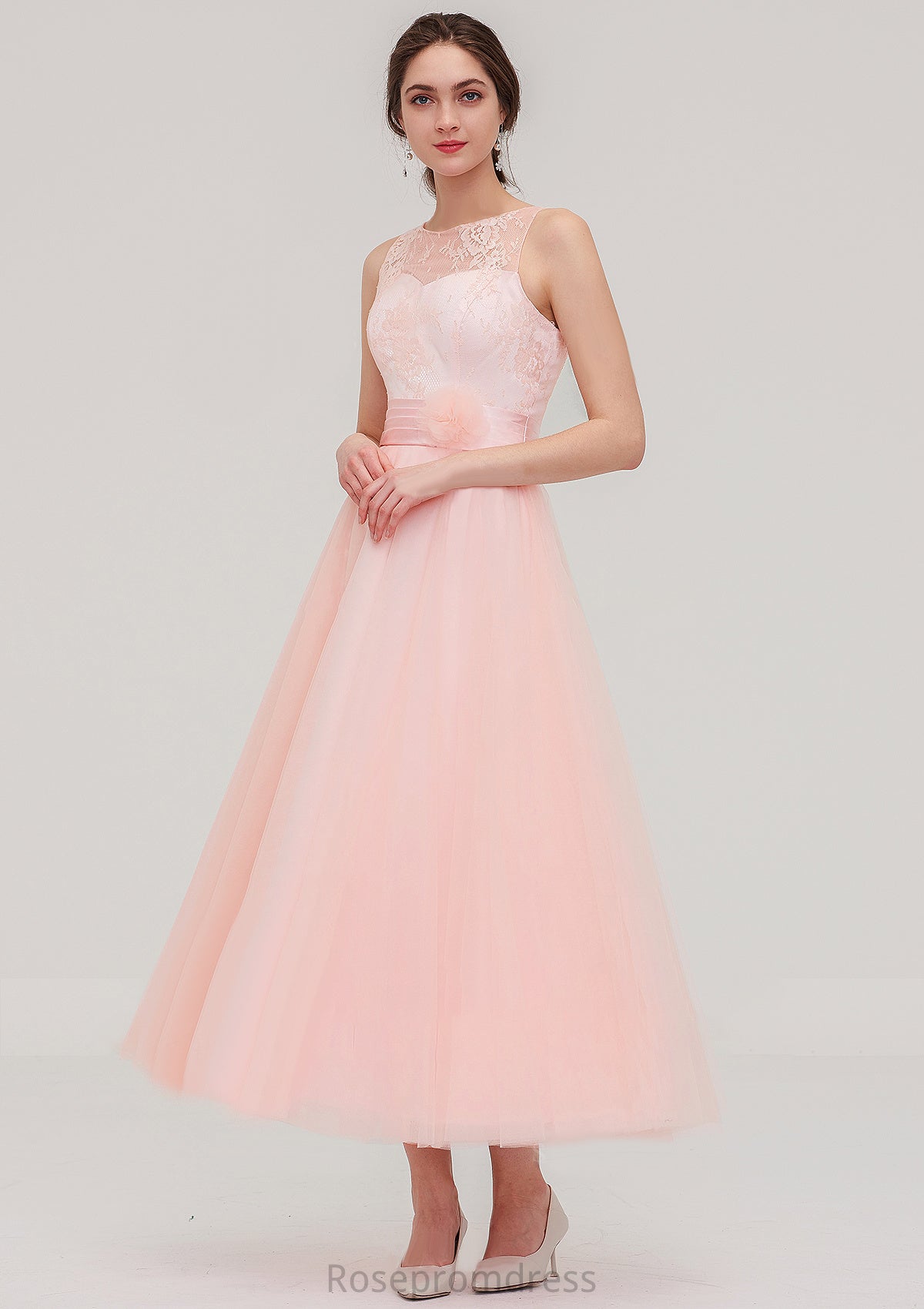 Tea-Length Sleeveless Bateau Tulle A-line/Princess Bridesmaid Dresses With Waistband Lace Daisy SRSP0025429