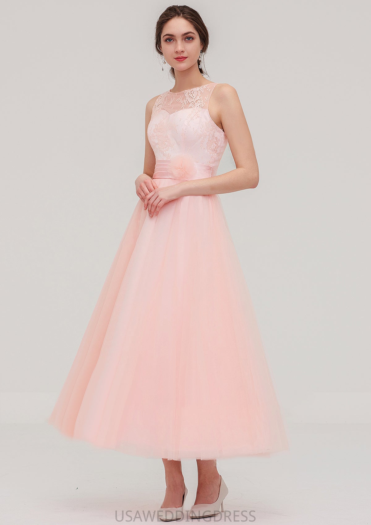 Tea-Length Sleeveless Bateau Tulle A-line/Princess Bridesmaid Dresses With Waistband Lace Kiley DSP0025429