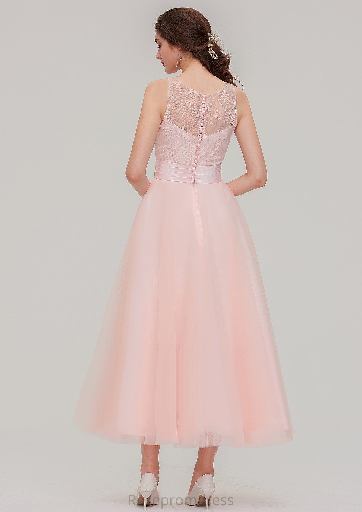 Tea-Length Sleeveless Bateau Tulle A-line/Princess Bridesmaid Dresses With Waistband Lace Daisy SRSP0025429