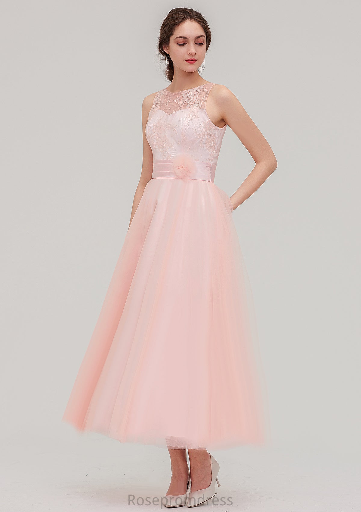 Tea-Length Sleeveless Bateau Tulle A-line/Princess Bridesmaid Dresses With Waistband Lace Daisy SRSP0025429