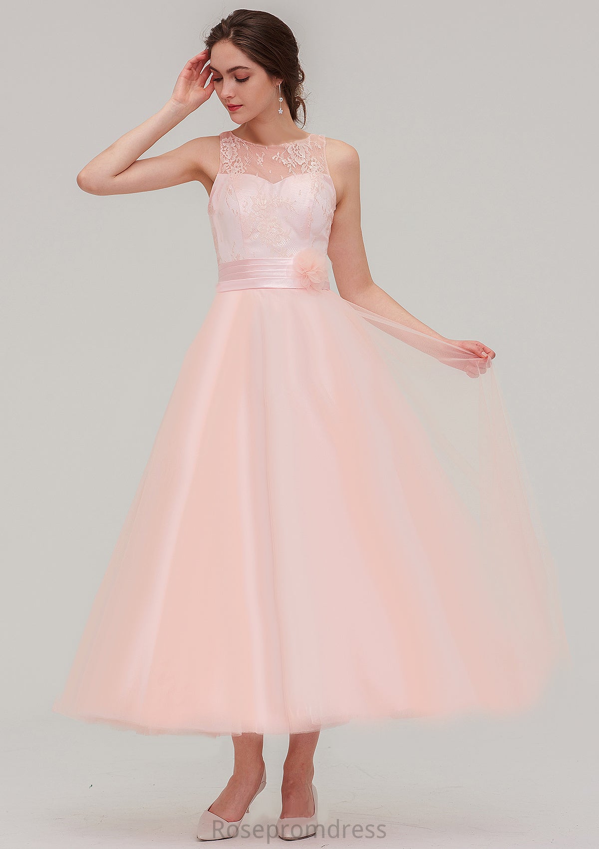 Tea-Length Sleeveless Bateau Tulle A-line/Princess Bridesmaid Dresses With Waistband Lace Daisy SRSP0025429