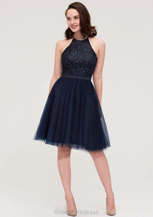 Sleeveless Halter Knee-Length Tulle A-line/Princess Bridesmaid Dresses With Sequins Appliqued Sashes Penny SRSP0025430