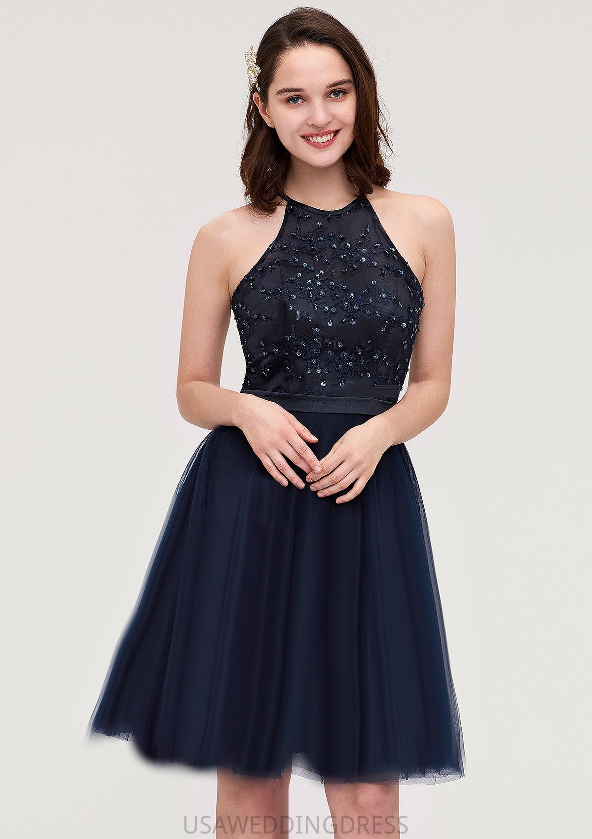 Sleeveless Halter Knee-Length Tulle A-line/Princess Bridesmaid Dresses With Sequins Appliqued Sashes Gwendoline DSP0025430