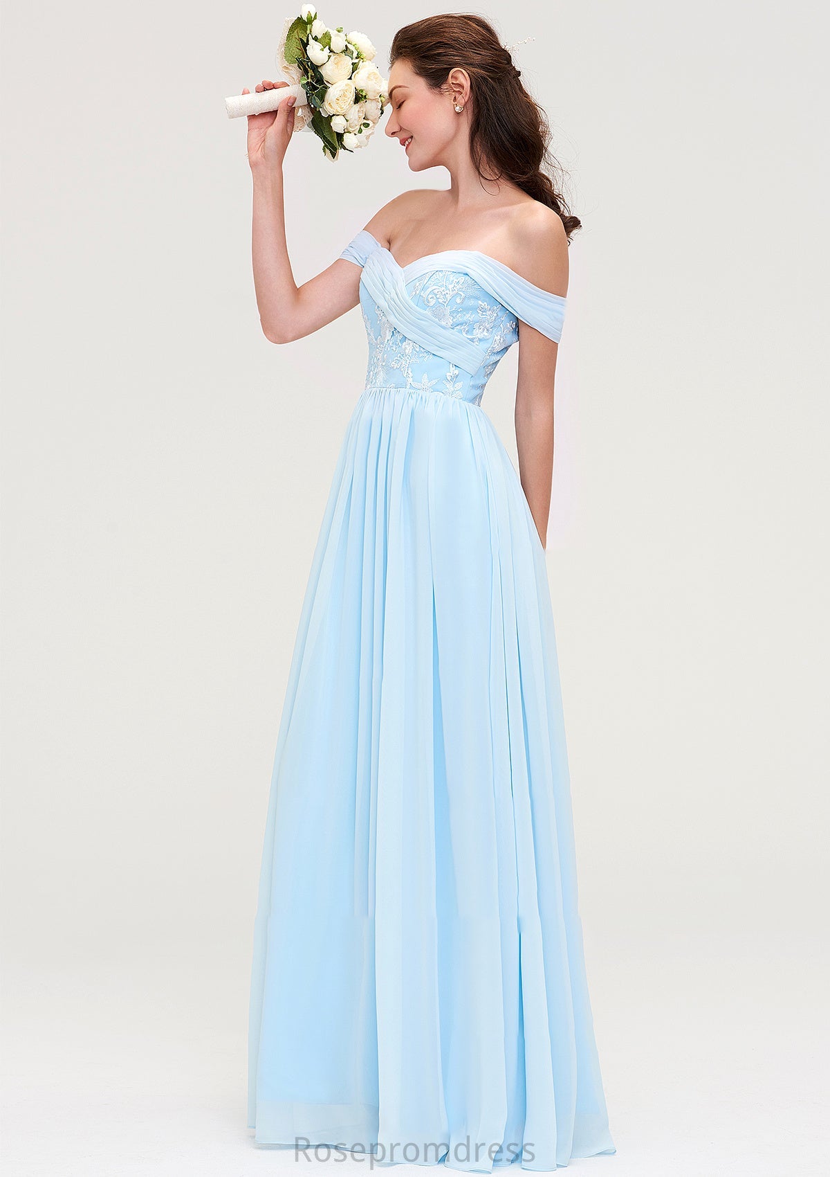 Off-the-Shoulder Sleeveless Chiffon A-line/Princess Long/Floor-Length Bridesmaid Dresseses With Pleated Appliqued Tessa SRSP0025431