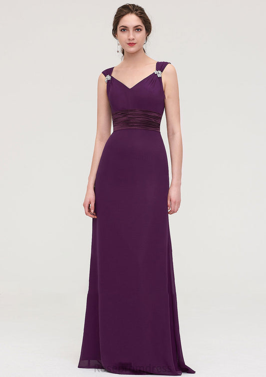 Sleeveless V Neck Long/Floor-Length Sheath/Column Chiffon Bridesmaid Dresses With Sashes Beading Pleated Dana SRSP0025432