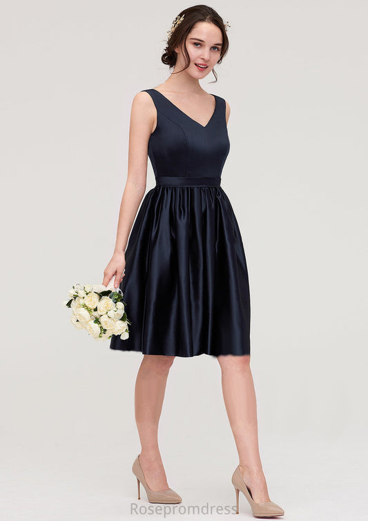 V Neck Sleeveless A-line/Princess Knee-Length Satin Bridesmaid Dresses With Pleated Natalie SRSP0025433